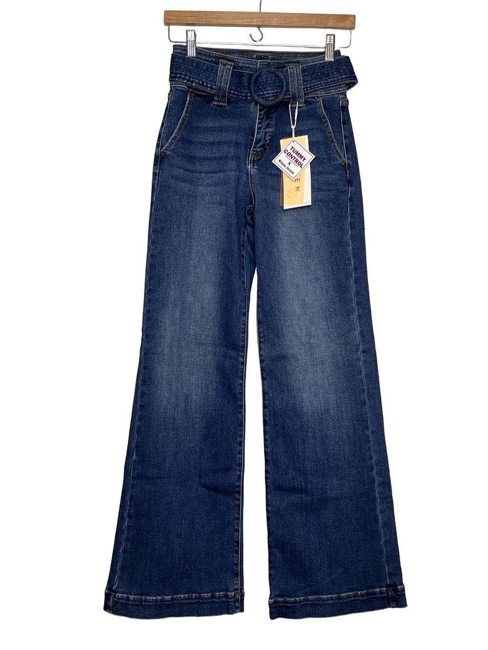 Wide Leg High-Rise Jeans with Belt - Dark Blue